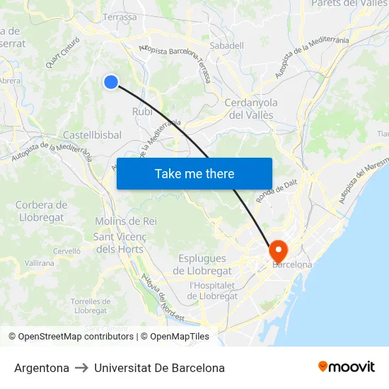 Argentona to Universitat De Barcelona map