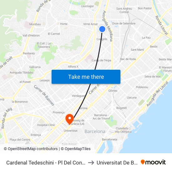 Cardenal Tedeschini - Pl Del Congrés Eucarístic to Universitat De Barcelona map