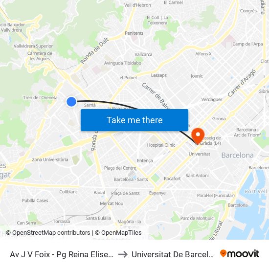Av J V Foix - Pg Reina Elisenda to Universitat De Barcelona map