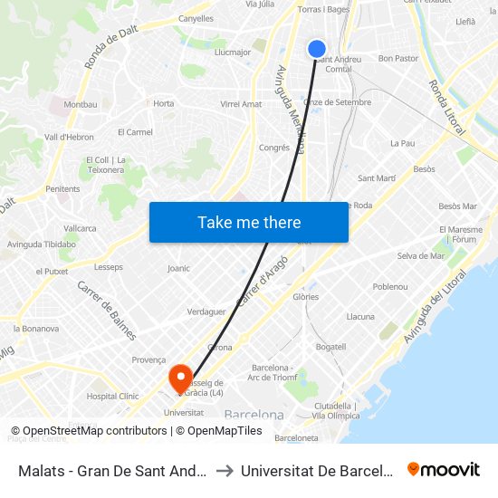 Malats - Gran De Sant Andreu to Universitat De Barcelona map