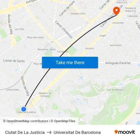 Ciutat De La Justícia to Universitat De Barcelona map