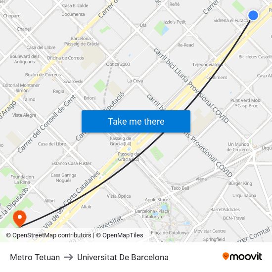 Metro Tetuan to Universitat De Barcelona map