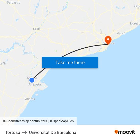 Tortosa to Universitat De Barcelona map