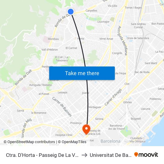 Ctra. D'Horta - Passeig De La Vall D'Hebron to Universitat De Barcelona map