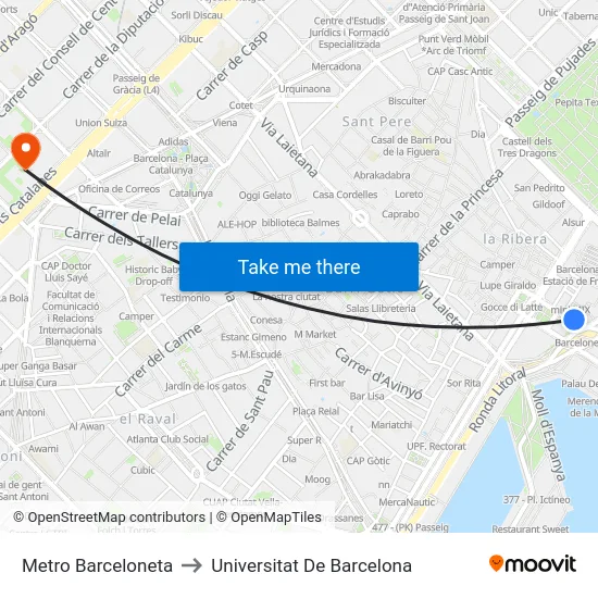 Metro Barceloneta to Universitat De Barcelona map