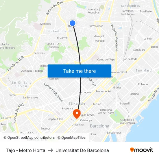 Tajo - Metro Horta to Universitat De Barcelona map