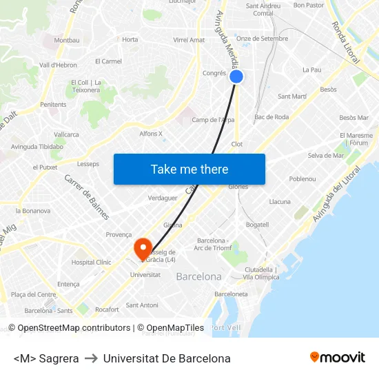 <M> Sagrera to Universitat De Barcelona map