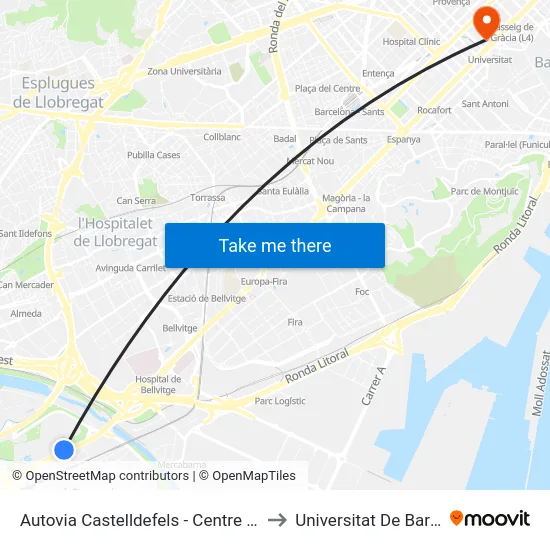 Autovia Castelldefels - Centre Comercial to Universitat De Barcelona map