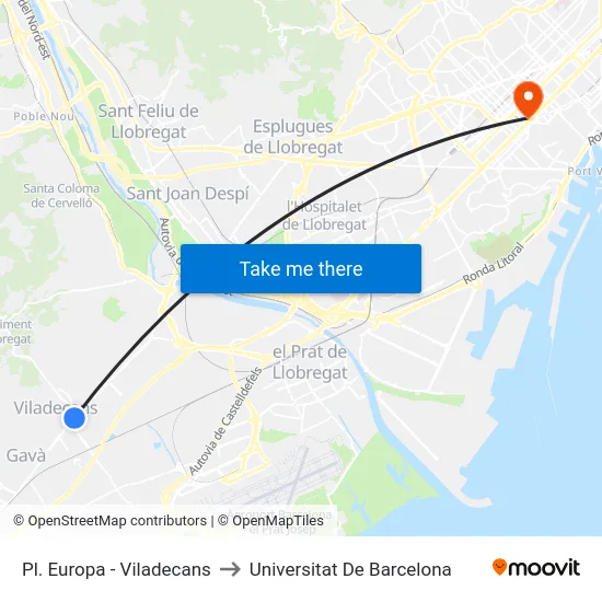 Pl. Europa - Viladecans to Universitat De Barcelona map