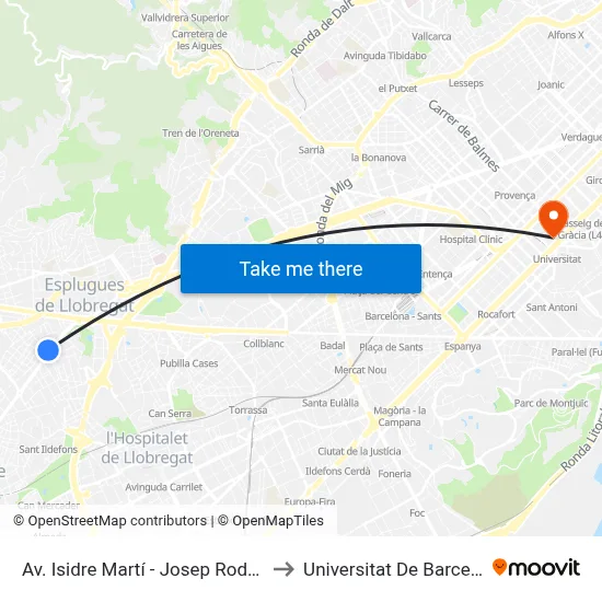 Av. Isidre Martí - Josep Rodoreda to Universitat De Barcelona map