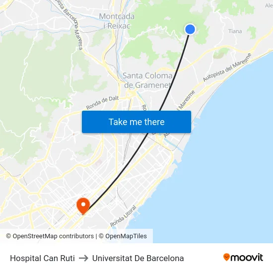 Hospital Can Ruti to Universitat De Barcelona map