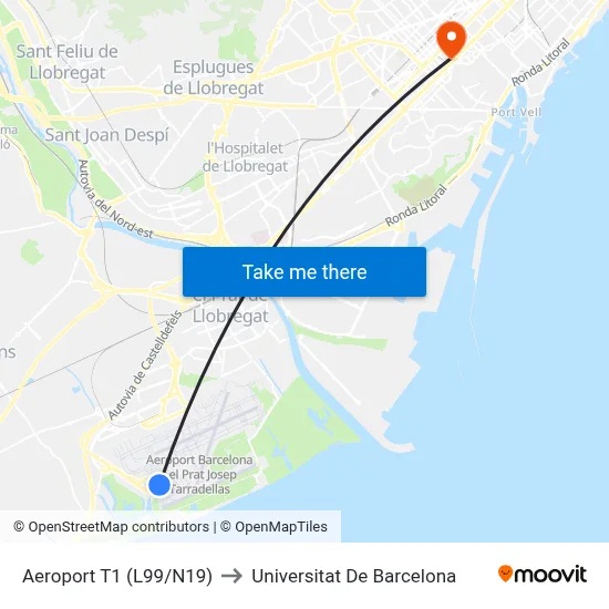Aeroport T1 to Universitat De Barcelona map