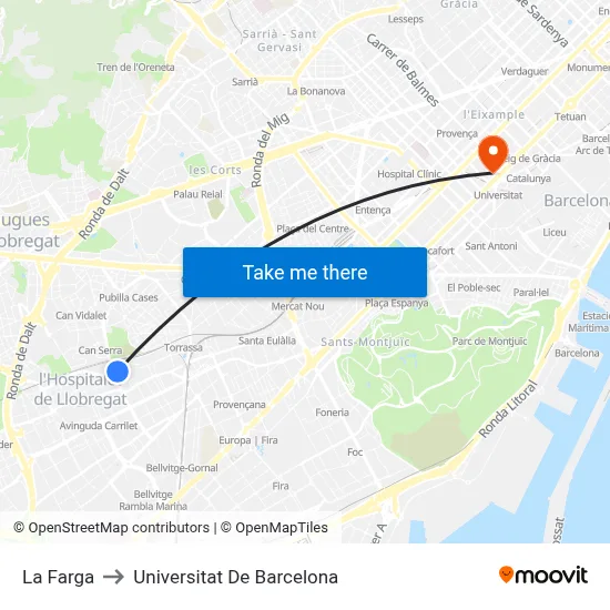La Farga to Universitat De Barcelona map