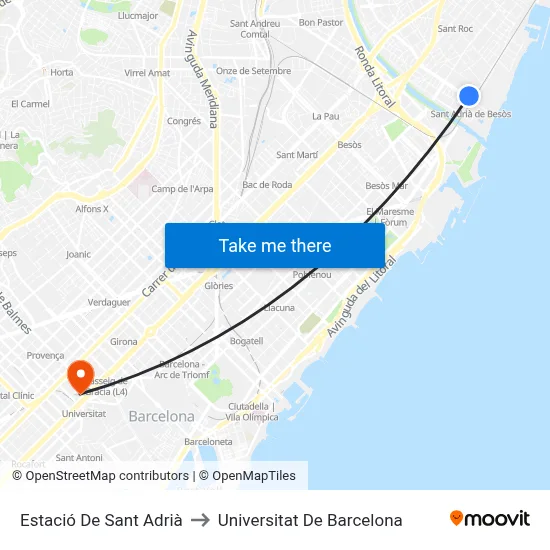Estació De Sant Adrià to Universitat De Barcelona map