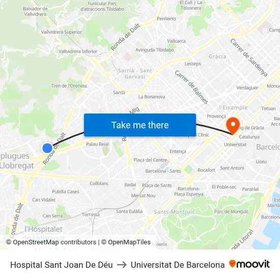 Hospital Sant Joan De Déu to Universitat De Barcelona map
