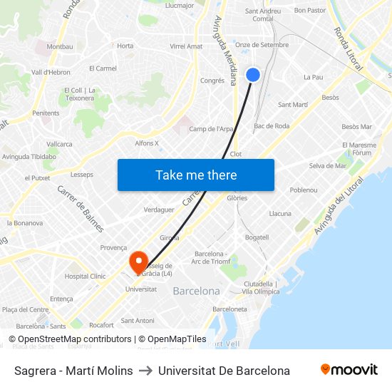 Sagrera - Martí Molins to Universitat De Barcelona map