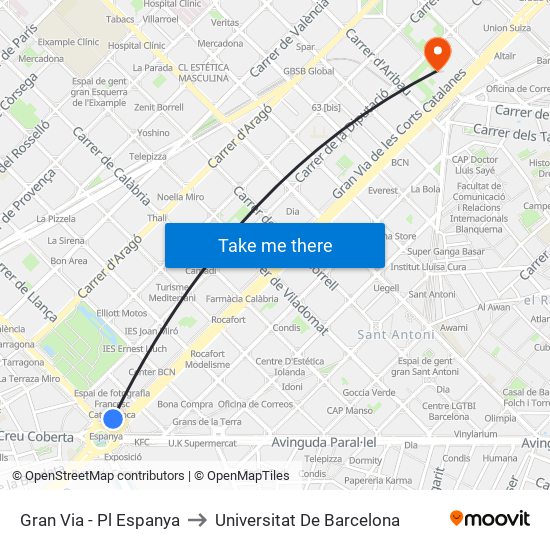 Gran Via - Pl Espanya to Universitat De Barcelona map