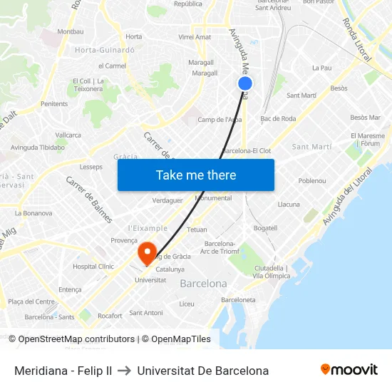 Meridiana - Felip Il to Universitat De Barcelona map