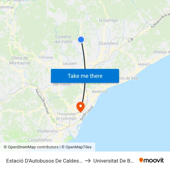 Estació D'Autobusos De Caldes De Montbui to Universitat De Barcelona map