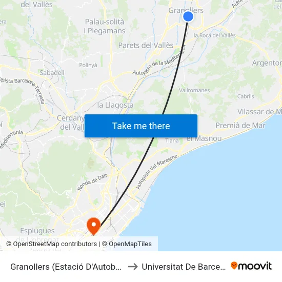 Granollers (Estació D'Autobusos) to Universitat De Barcelona map