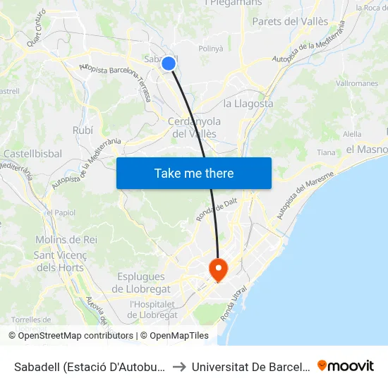 Sabadell (Estació D'Autobusos) to Universitat De Barcelona map