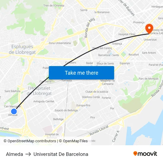 Almeda to Universitat De Barcelona map