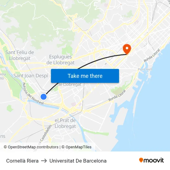 Cornellà Riera to Universitat De Barcelona map