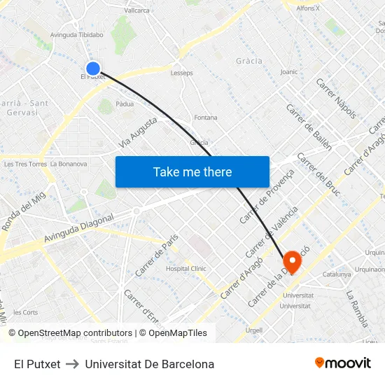 El Putxet to Universitat De Barcelona map