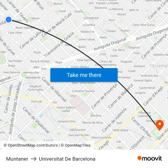 Muntaner to Universitat De Barcelona map