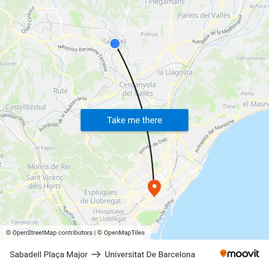 Sabadell Plaça Major to Universitat De Barcelona map