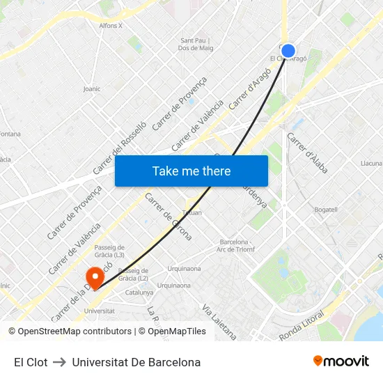 El Clot to Universitat De Barcelona map