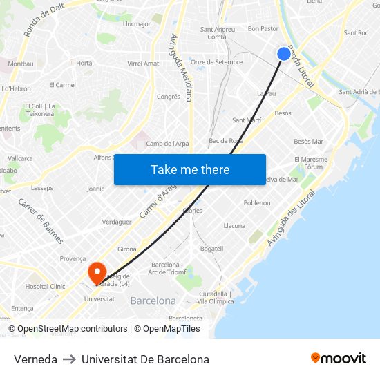 Verneda to Universitat De Barcelona map