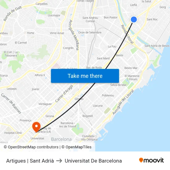 Artigues | Sant Adrià to Universitat De Barcelona map