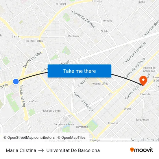 Maria Cristina to Universitat De Barcelona map