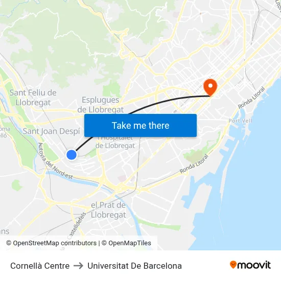 Cornellà Centre to Universitat De Barcelona map