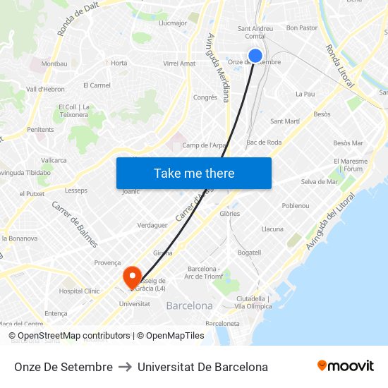 Onze De Setembre to Universitat De Barcelona map