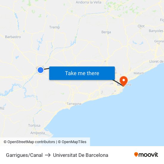 Garrigues/Canal to Universitat De Barcelona map