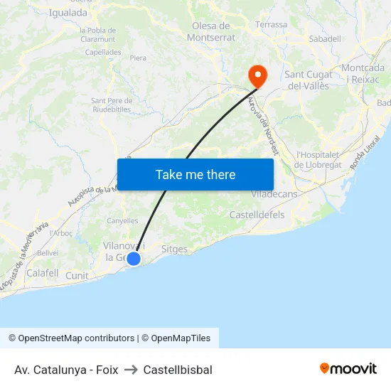Les Roquetes Centre to Castellbisbal map