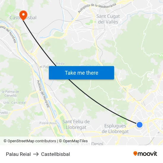 Palau Reial to Castellbisbal map