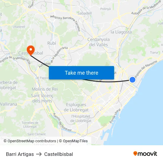 Barri Artigas to Castellbisbal map