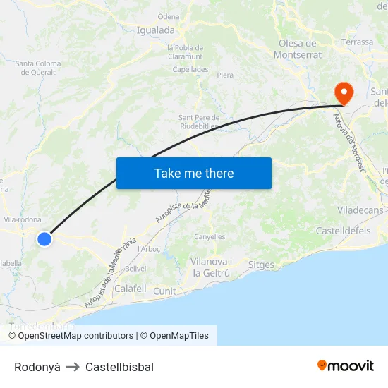 Rodonyà to Castellbisbal map