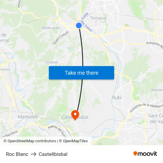 Roc Blanc to Castellbisbal map