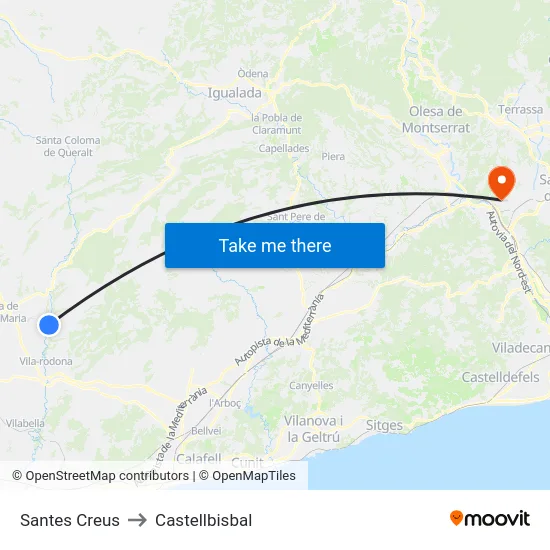 Santes Creus to Castellbisbal map