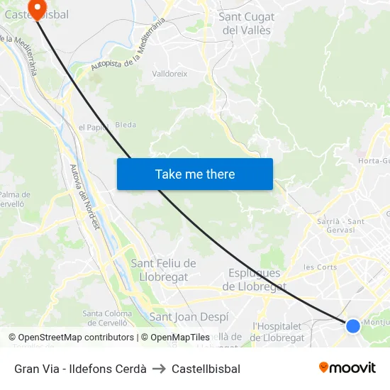 Gran Via - Ildefons Cerdà to Castellbisbal map