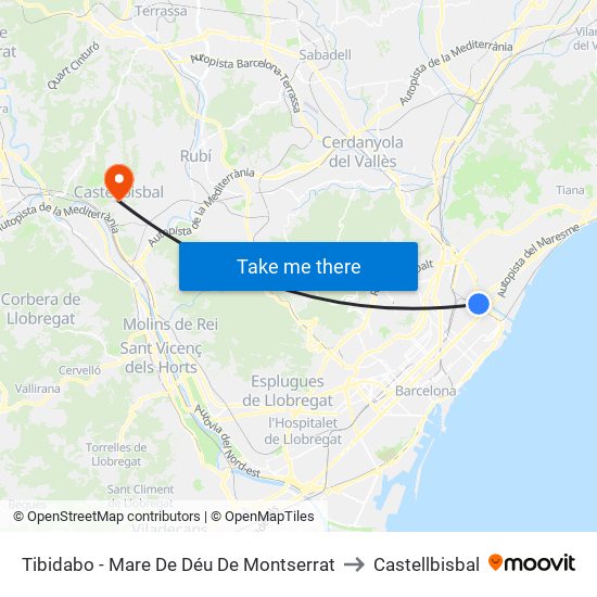Tibidabo - Mare De Déu De Montserrat to Castellbisbal map