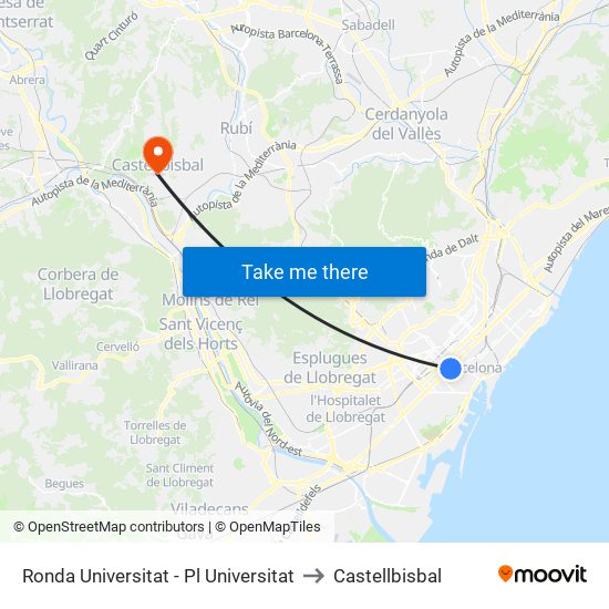 Ronda Universitat - Pl Universitat to Castellbisbal map