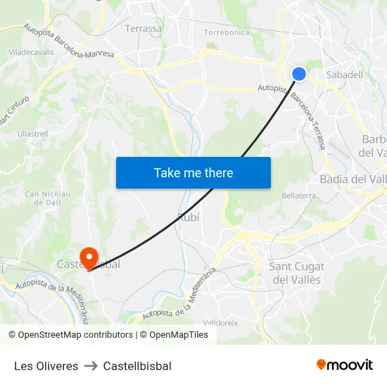 Les Oliveres to Castellbisbal map