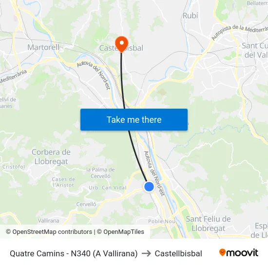 Quatre Camins - N340 (A Vallirana) to Castellbisbal map