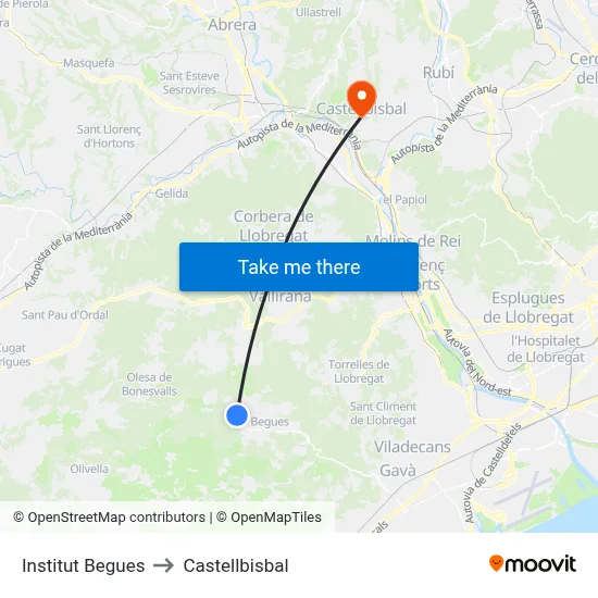 Institut Begues to Castellbisbal map