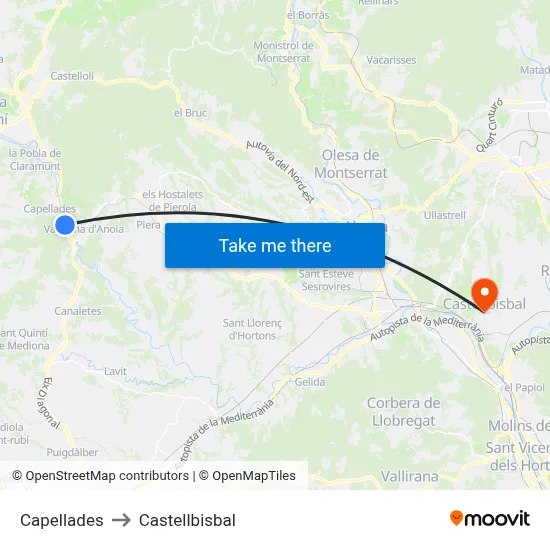 Capellades to Castellbisbal map